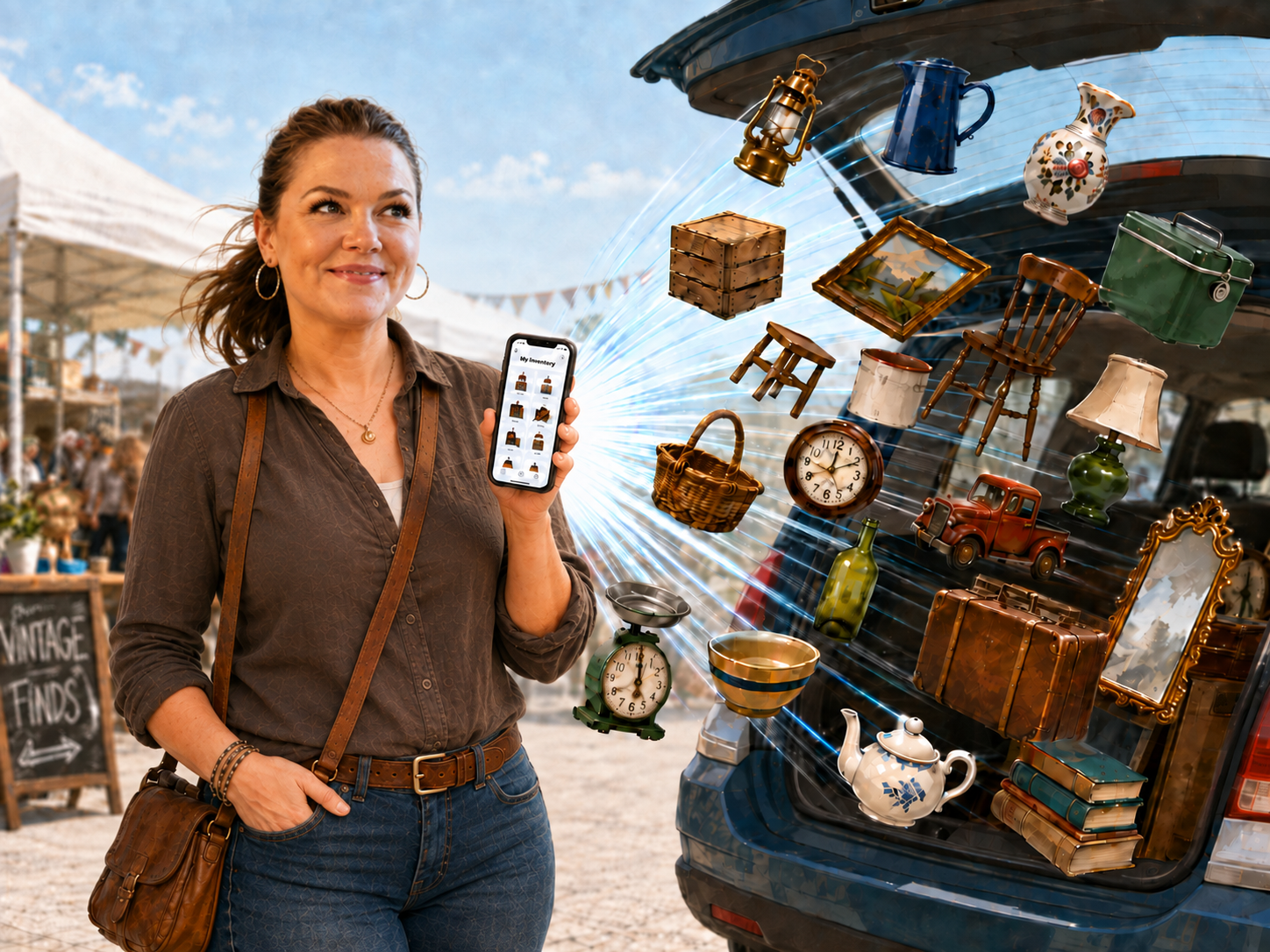 Paige holding the Turn The Paige inventory app beside a car filled with flying vintage inventory